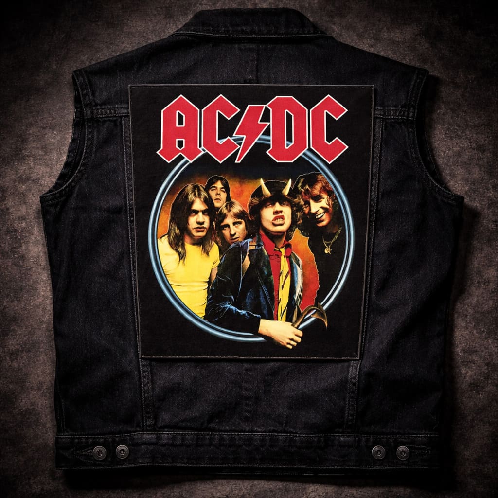 Jeansweste mit einem AC/DC Backpatch mit dem Highway To Hell Motiv.